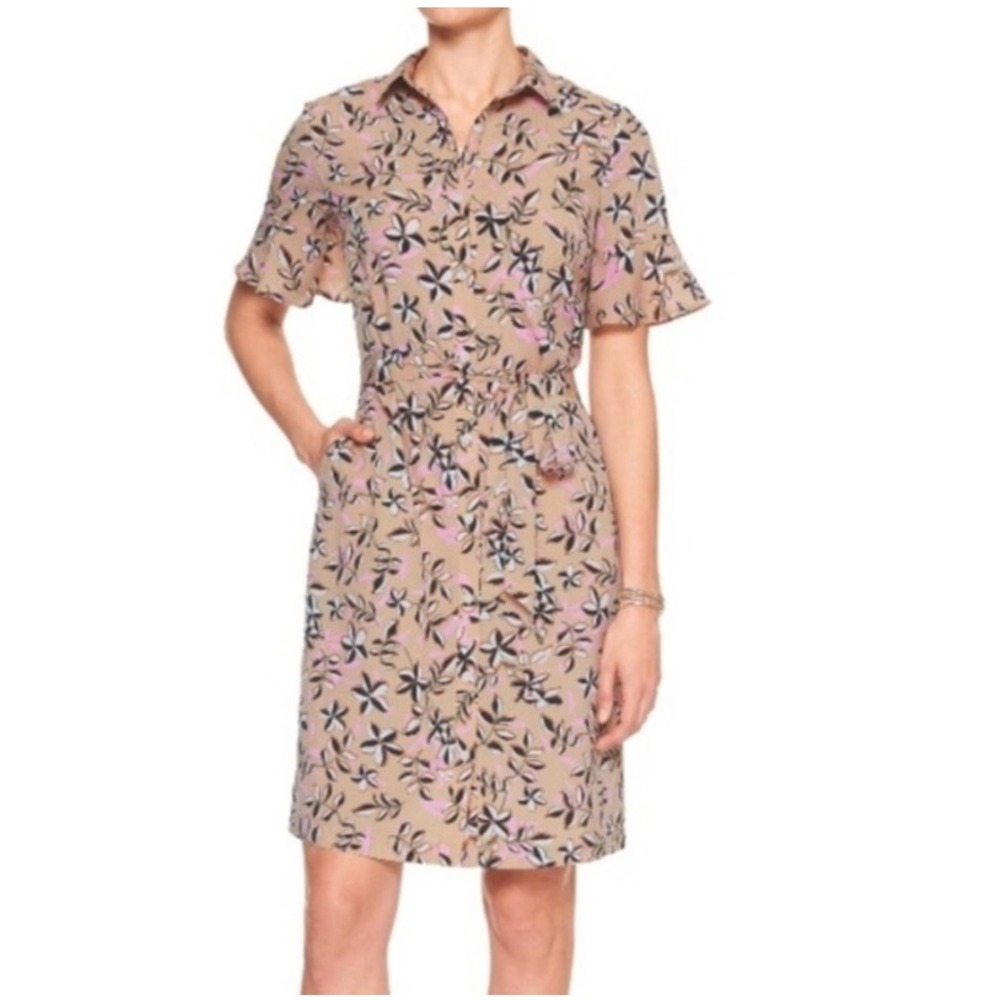 NEW Banana Republic Floral Ruffle Sleeve Belted Collared Shirt Dress Tan Pink 6